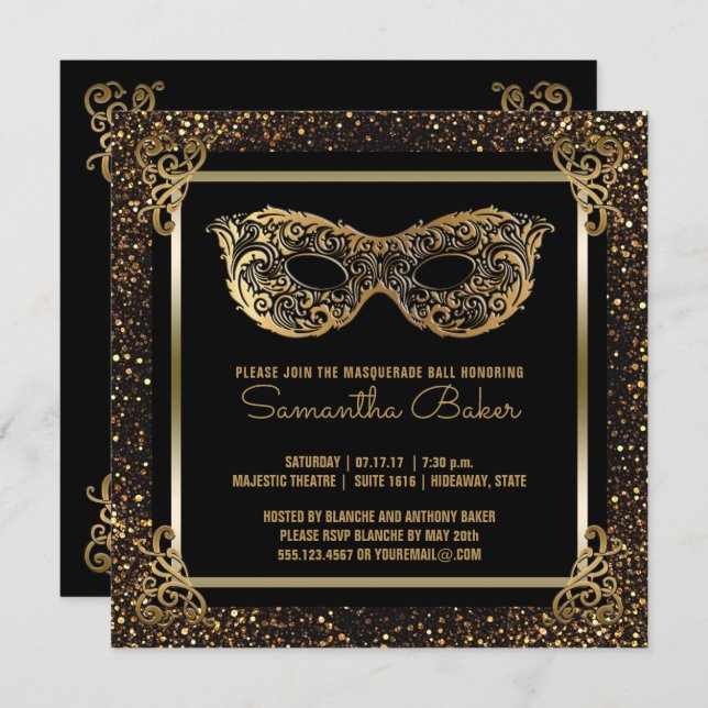 Sweet 16 Masquerade Party | Sweet Sixteen Gold Invitation (Front/Back)