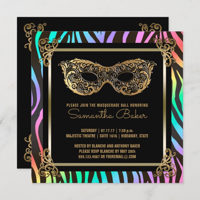 Sweet 16 Masquerade Party | Sweet Sixteen Zebra Invitation (Front/Back)