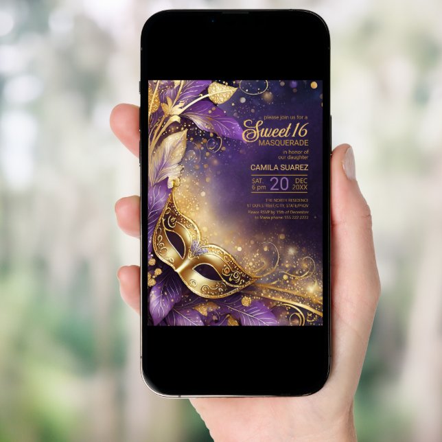 Sweet 16 Masquerade Purple Gold ID1032 Invitation (Front Digital)