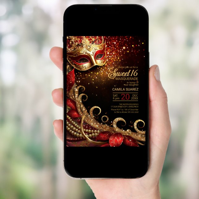 Sweet 16 Masquerade Red Gold ID1032 Invitation (Front Digital)