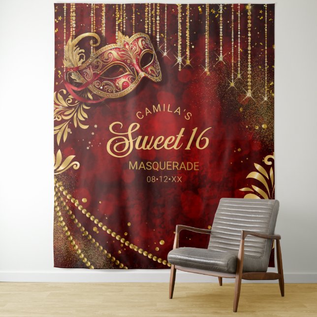 Sweet 16 Masquerade Red Gold Photo Backdrop ID1032 (In Situ)