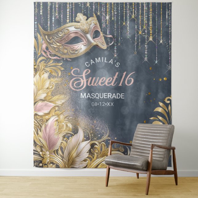 Sweet 16 Masquerade Rose Gld Photo Backdrop ID1032 (In Situ)