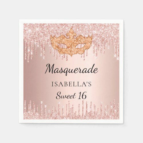 Sweet 16 masquerade rose gold glitter drips party napkins