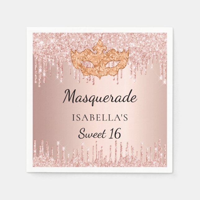 Sweet 16 masquerade rose gold glitter drips party napkins (Front)