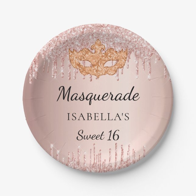 Sweet 16 masquerade rose gold glitter drips party paper plates (Front)