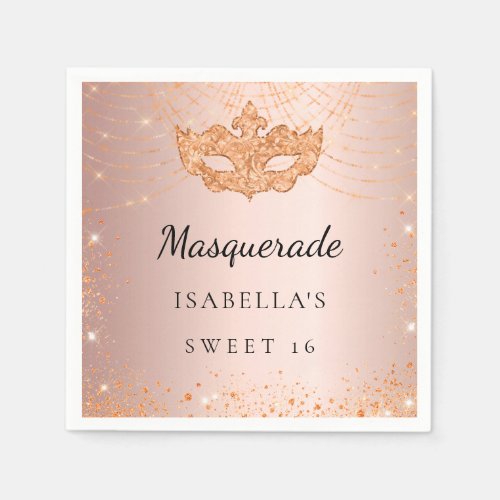 Sweet 16 Masquerade rose gold glitter party Napkins