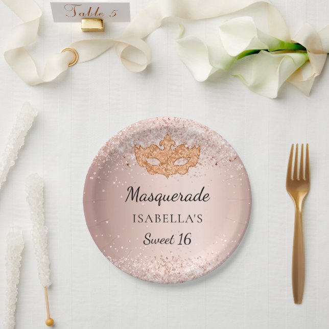 Sweet 16 masquerade rose gold glitter party paper plates (Wedding)