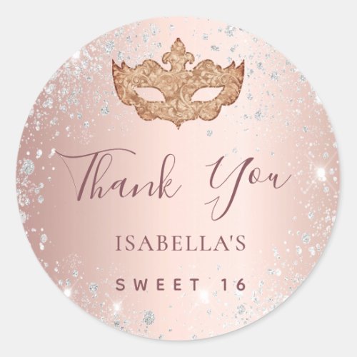 Sweet 16 masquerade rose gold glitter Thank You Classic Round Sticker