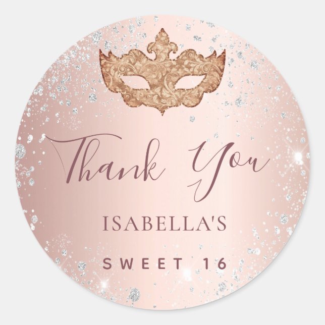 Sweet 16 masquerade rose gold glitter Thank You Classic Round Sticker (Front)