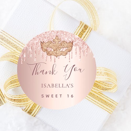 Sweet 16 masquerade rose gold glitter Thank You Classic Round Sticker