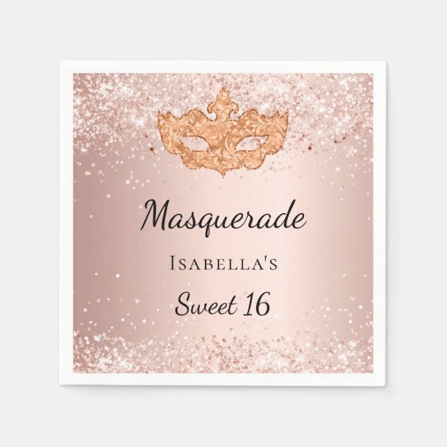 Sweet 16 masquerade rose gold mask party napkins (Front)
