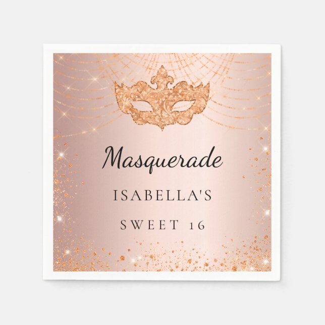 Sweet 16 Masquerade rose gold sparkles party Napkins (Front)