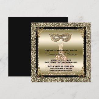 Sweet 16 Masquerade | Sweet Sixteen Black Gold Invitation