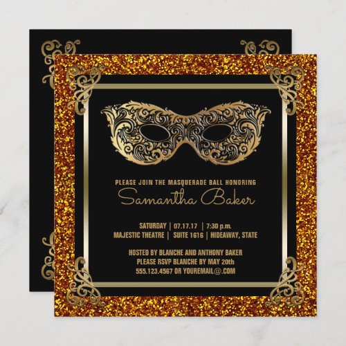 Sweet 16 Masquerade  Sweet Sixteen Gold Black Invitation