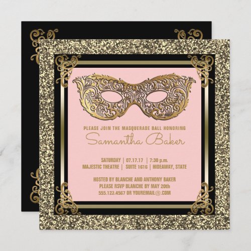 Sweet 16 Masquerade  Sweet Sixteen Pink Gold Invitation