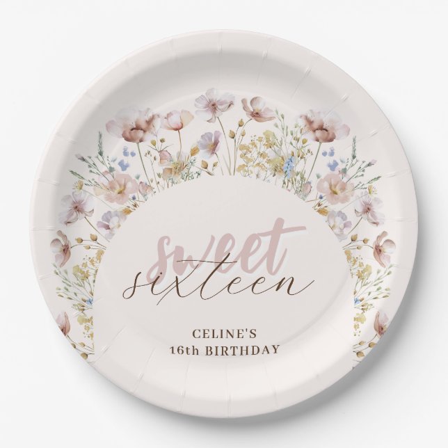 Sweet 16 Meadow Wildflowers Birthday Paper Plates (Front)