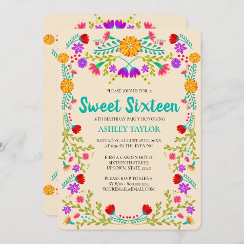 Sweet 16 Mexican Fiesta Champagne Floral Birthday Invitation