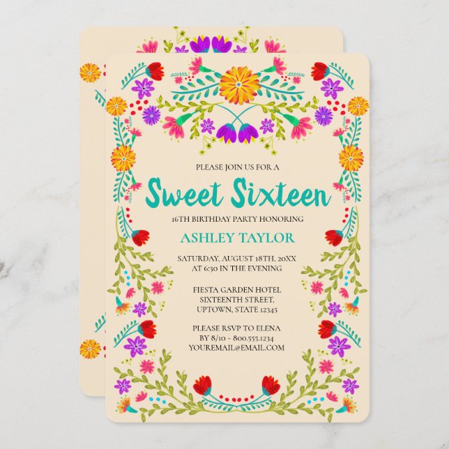 Sweet 16 Mexican Fiesta Champagne Floral Birthday Invitation (Front/Back)