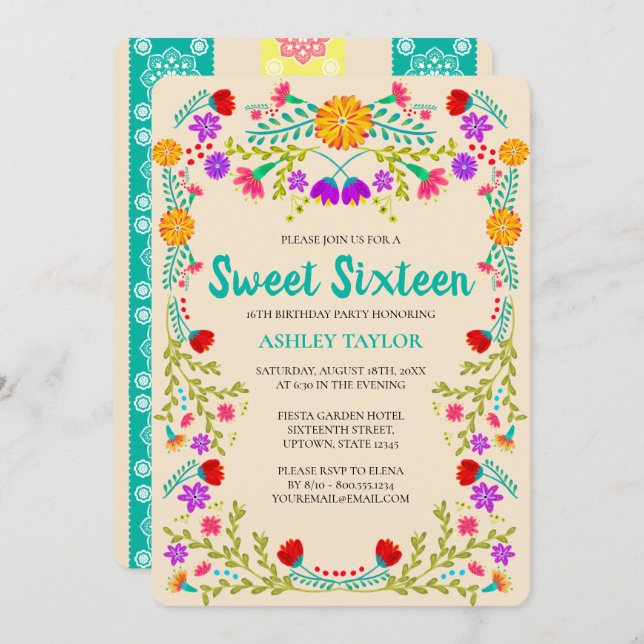 Sweet 16 Mexican Fiesta Papel Picado Champagne Invitation (Front/Back)