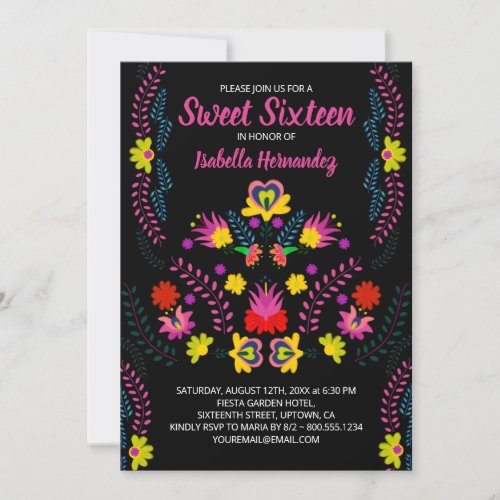 Sweet 16 Mexican Party Flowers Black Birthday Invitation