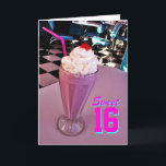 Sweet 16 Milkshake card<br><div class="desc">50's Diner Raspberry milkshake card celebrating a 16th Birthday,  inside greeting reads "Wishing you a happy 16th Birthday"</div>
