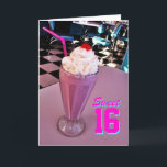 Sweet 16 Milkshake card<br><div class="desc">50's Diner Raspberry milkshake card celebrating a 16th Birthday,  inside greeting reads "Wishing you a happy 16th Birthday"</div>