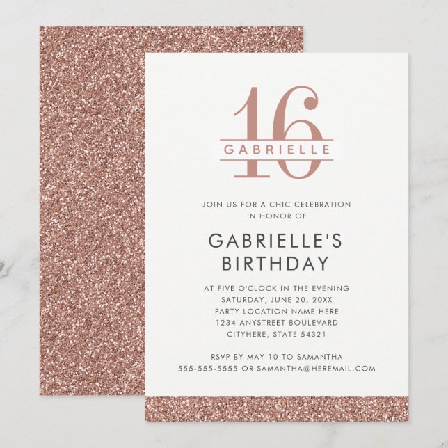 Sweet 16 Minimal Rose Gold Pink Glitter Birthday Invitation (Front/Back)