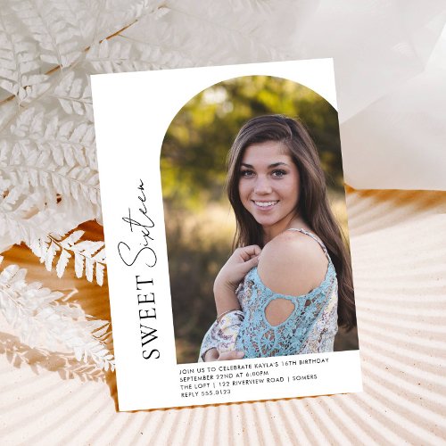 Sweet 16 Minimalist Arch Off Center Photo Invitation