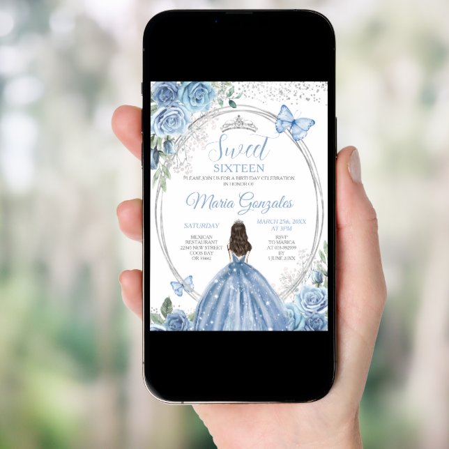 Sweet 16 Mis Quince Dusty Blue & Silver Floral  Invitation (Front Digital)