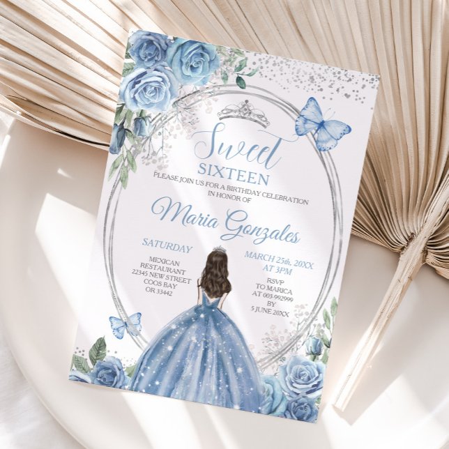 Sweet 16 Mis Quince Dusty Blue & Silver Floral  Invitation (Creator Uploaded)