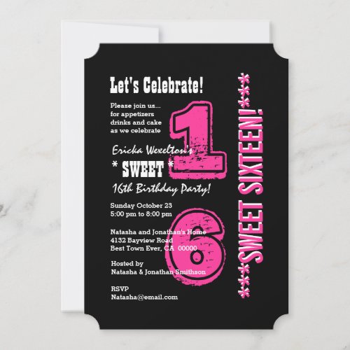 SWEET 16 Modern Birthday Pink and Black A02A Invitation