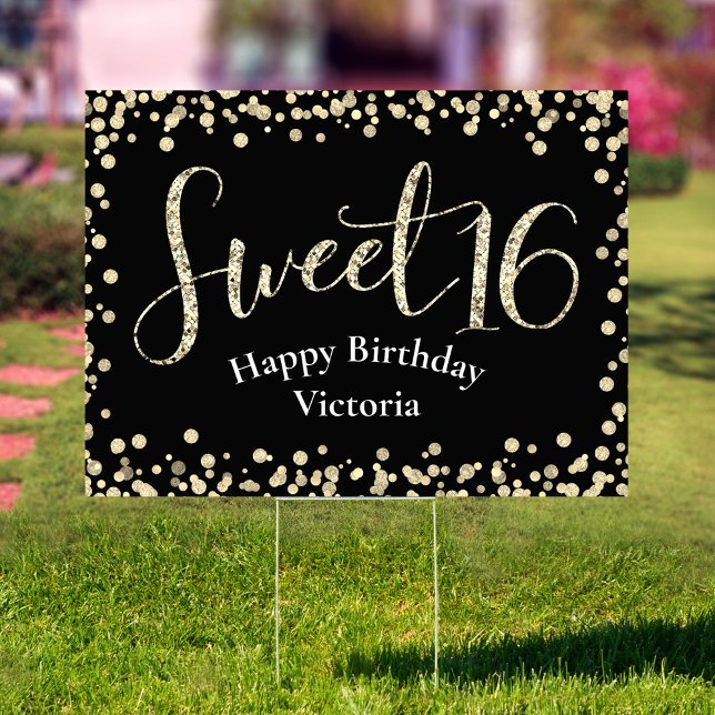 Sweet 16 Modern Black Gold Glitter Birthday Yard Sign (Creator Uploaded)