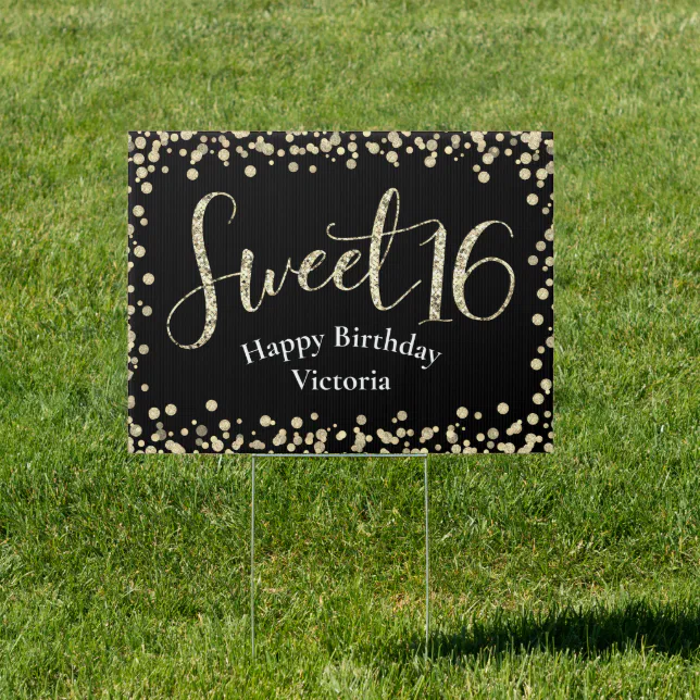 Sweet 16 Modern Black Gold Glitter Birthday Yard Sign | Zazzle