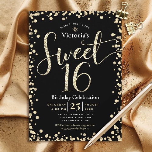 Sweet 16 Modern Black Gold Glitter Girly Birthday Invitation