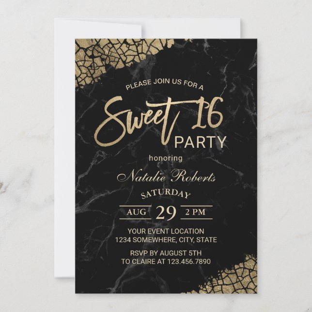 Sweet 16 Modern Black Marble & Gold Typography Invitation (Front)