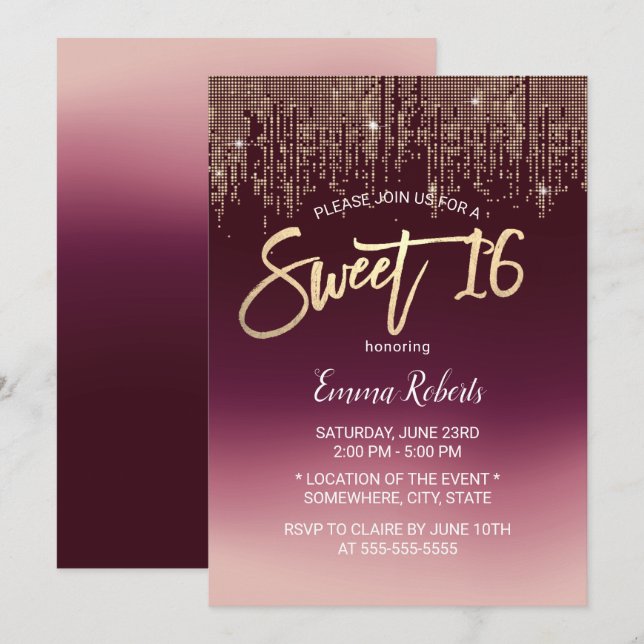 Sweet 16 Modern Burgundy Ombre Gold Sequins Invitation (Front/Back)
