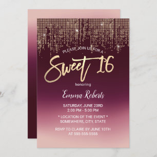 Sweet 16 Modern Burgundy Ombre Gold Sequins Invitation
