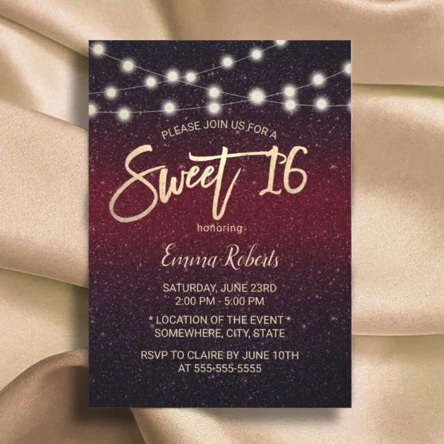 Sweet 16 Modern Burgundy Red Faux Glitter Invitation 