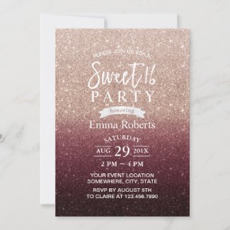 Sweet 16 Modern Burgundy & Rose Gold Ombre Invitation