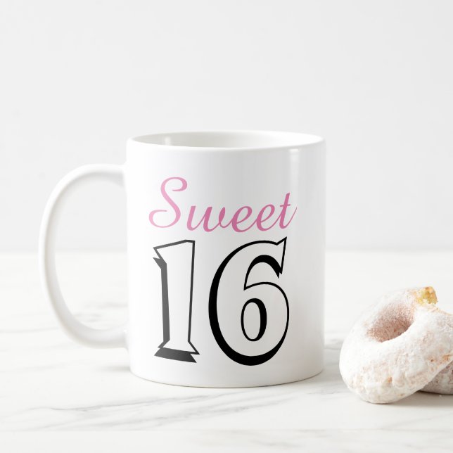 Sweet 16 Modern Chic Pink Birthday Gift Coffee Mug (With Donut)