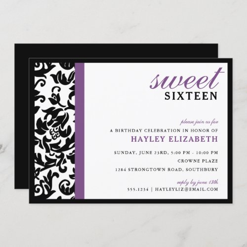 Sweet 16 Modern Damask with Border Purple Invitation