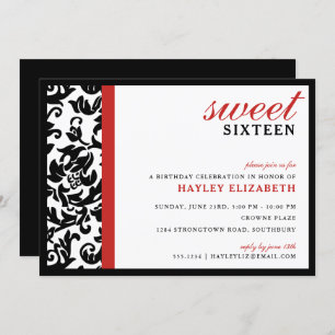 Sweet 16 Modern Damask with Border, Red Invitation
