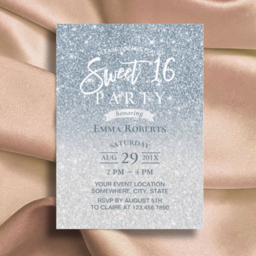 Sweet 16 Modern Dusty Blue  Silver Ombre Invitation