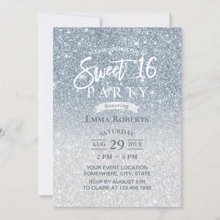 Sweet 16 Modern Dusty Blue & Silver Ombre Invitation | Zazzle