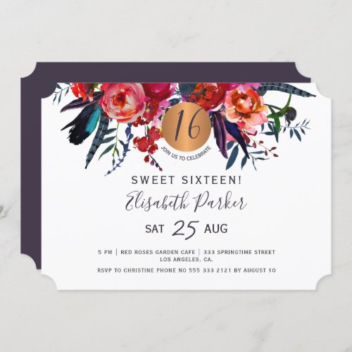 Sweet 16 modern floral watercolor birthday party invitation