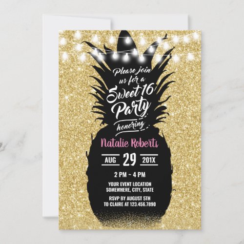 Sweet 16 Modern Gold Glitter Pineapple Invitation