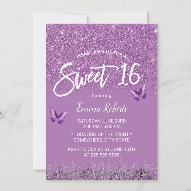 Sweet 16 Modern Lavender Faux Glitter Invitation (Front)