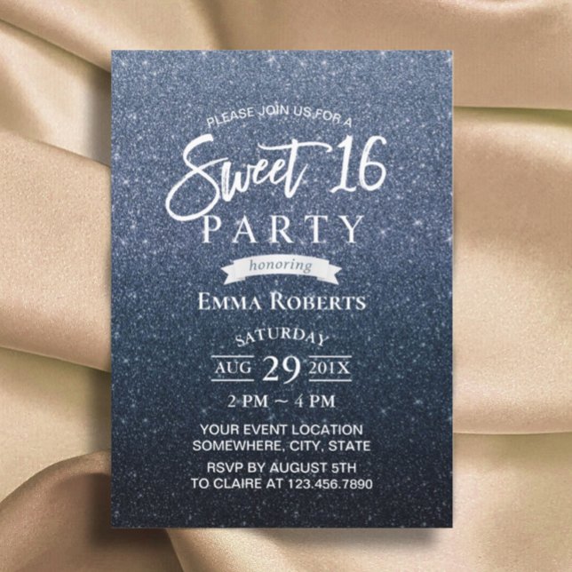 Sweet 16 Modern Navy Blue Glitter Birthday Invitation (Creator Uploaded)