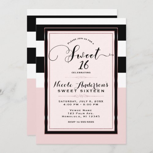 Sweet 16 Modern Pink Black  White Stripes Party Invitation