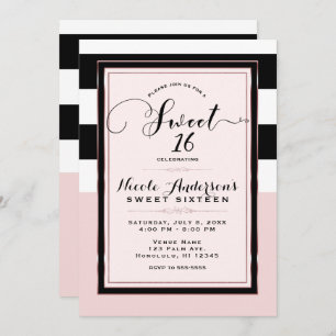 Sweet 16 Modern Pink Black & White Stripes Party Invitation